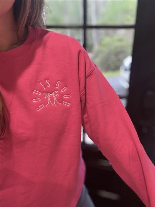 Embroidered God Is Good Sweatshirt – Minimalist Christian Crewneck with Bow Detail, Faith-Based Gift for Women