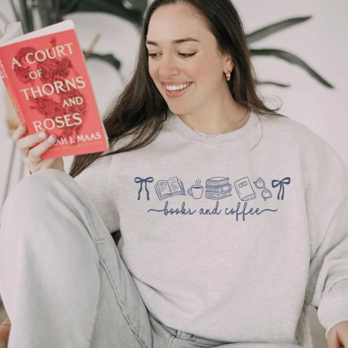 Books and Coffee Sweatshirt, Cozy Reading Crewneck, Bookworm Gift, Cute Fall Coffee Lover Pullover Sweater