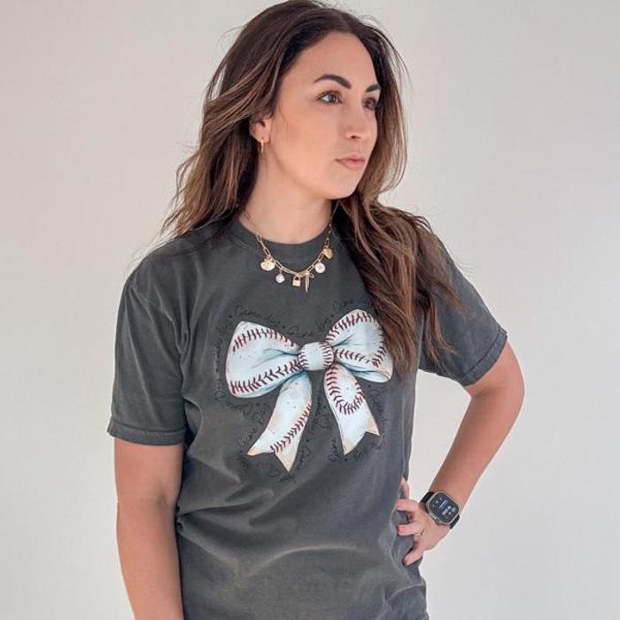 Baseball Bow Comfort Colors Tee, Baseball Mom Shirt, Game Day Outfit for Women, Cute Baseball Graphic Tee, Sports Mom Gift, Baseball Season Shirt