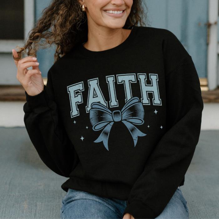 Faith Bow Christian Comfort Colors Sweatshirt – Cute Minimalist Faith Crewneck for Women, Inspirational Graphic Tee with Bow Detail