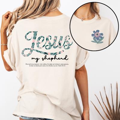 Jesus My Shepherd Floral Comfort Colors Tee – Christian Graphic Shirt for Women, Cute Faith-Based Tee with Floral Design