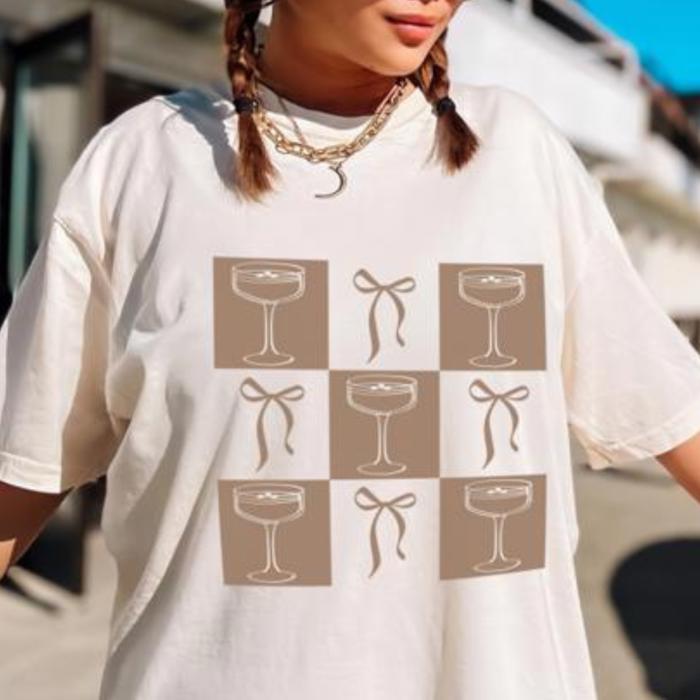 Bow & Martini Checkered Preppy Graphic Comfort Colors Tee for Women, Oversized Fit, Party Shirt, Cute Aesthetic Top, Gift for Her