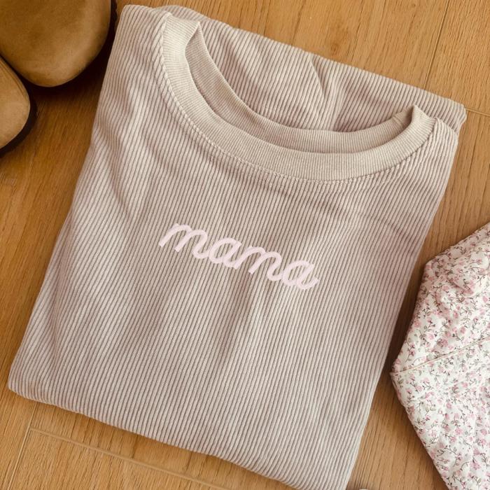 Embroidered Mama Corded Sweatshirt Crewneck Oversized, Mom to Be Gift, Sleeve Text, Personalized Gifts, Trendy Crewnecks for Women Mom Gifts