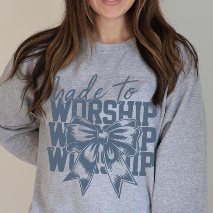 Made To Worship Bow Christian Grey Sweatshirt, Faith Based Crewneck for Women, Inspirational Religious Sweatshirt, Bow Detail Christian Pullover, Gift For Her