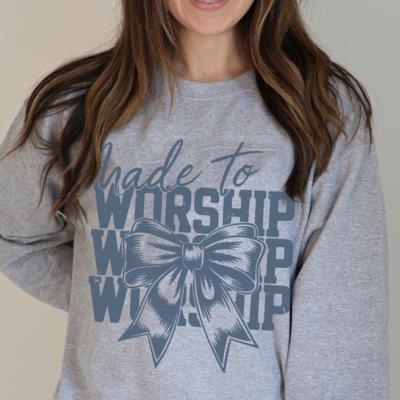 Made To Worship Bow Christian Grey Sweatshirt, Faith Based Crewneck for Women, Inspirational Religious Sweatshirt, Bow Detail Christian Pullover, Gift For Her