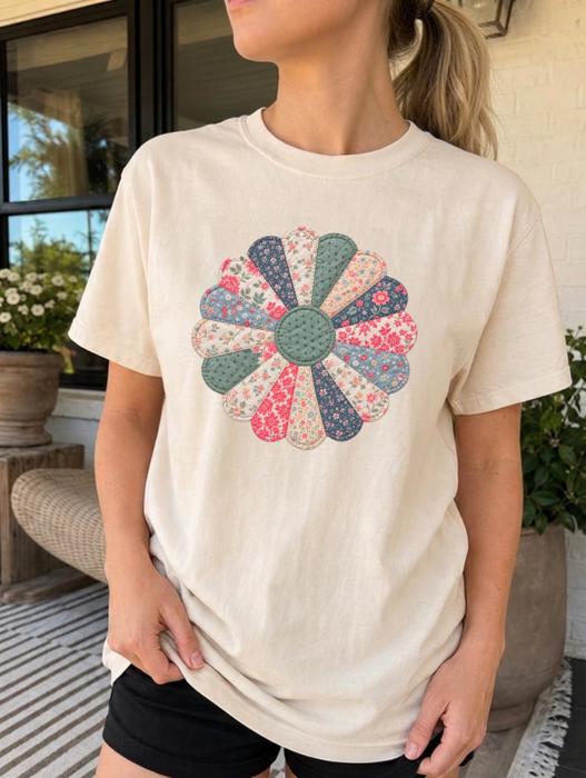 Faux Patchwork Floral Bloom Graphic Comfort Colors Tee, Vintage Inspired Flower Shirt, Quilted Look Floral Top, Cottagecore Casual Tee, Garden Outfit