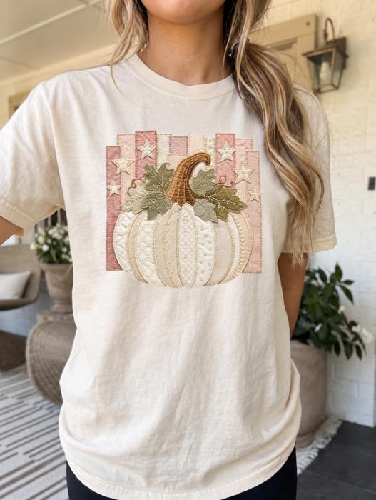 Starry Pumpkin Faux Patchwork Graphic Comfort Colors Tee, Vintage Harvest Shirt, Quilted Pumpkin Floral Top, Celestial Fall Graphic Tee, Fall Outfit