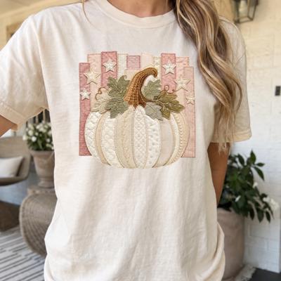 Starry Pumpkin Faux Patchwork Graphic Comfort Colors Tee, Vintage Harvest Shirt, Quilted Pumpkin Floral Top, Celestial Fall Graphic Tee, Fall Outfit