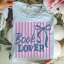  Book Lover Striped Graphic Tee, Coquette Bookish Shirt, Reader Aesthetic Tee, Librarian Gift for Her, Bookworm Outfit