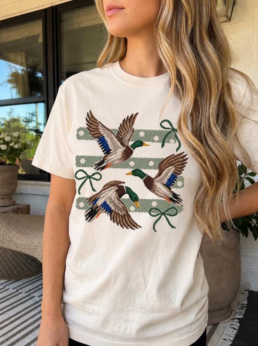 Flying Mallard Ducks Bow Stripe Comfort Colors Tee, Mallard Duck Shirt, Vintage Needlepoint Tee, Preppy Country Shirt, Duck Lover Gift
