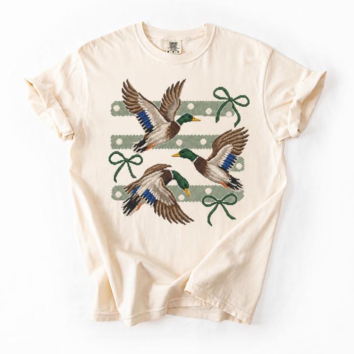 Flying Mallard Ducks Bow Stripe Comfort Colors Tee, Mallard Duck Shirt, Vintage Needlepoint Tee, Preppy Country Shirt, Duck Lover Gift