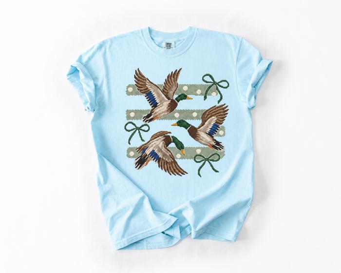 Flying Mallard Ducks Bow Stripe Comfort Colors Tee, Mallard Duck Shirt, Vintage Needlepoint Tee, Preppy Country Shirt, Duck Lover Gift