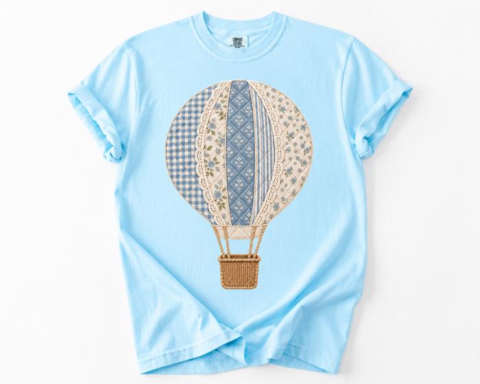 Faux Patchwork Hot Air Balloon Comfort Colors Graphic Tee, Patchwork Balloon Shirt, Vintage Inspired Applique Design, Cottagecore Top, Spring Summer Casual Tee 