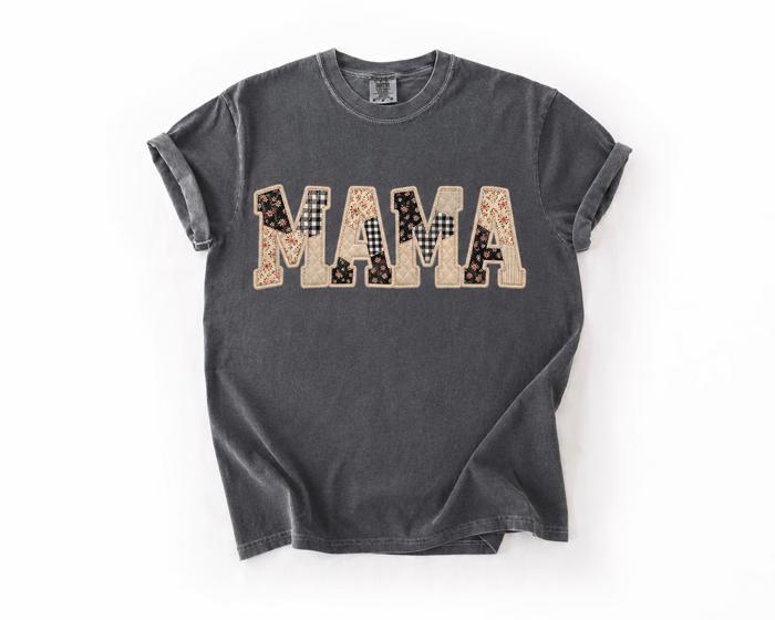 Mama Faux Patchwork Gingham Comfort Colors Graphic Tee, Faux Quilted Applique Shirt, Vintage Inspired Mom Top, Mother's Day Gift, Casual Everyday Tee, Girls Outfit