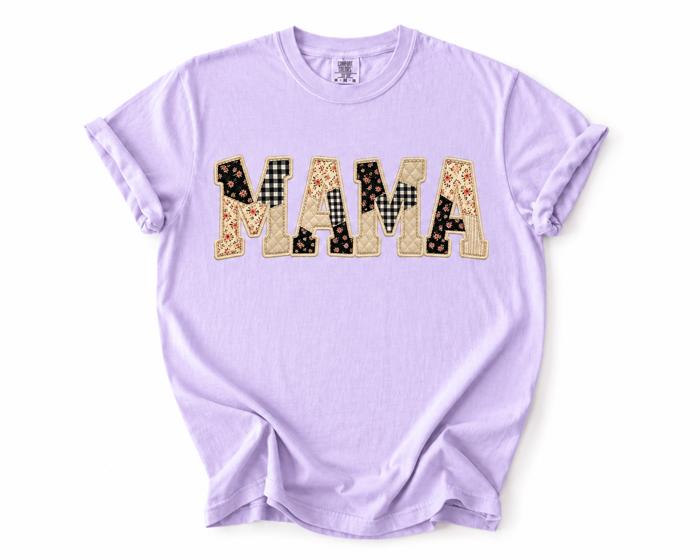 Mama Faux Patchwork Gingham Comfort Colors Graphic Tee, Faux Quilted Applique Shirt, Vintage Inspired Mom Top, Mother's Day Gift, Casual Everyday Tee, Girls Outfit