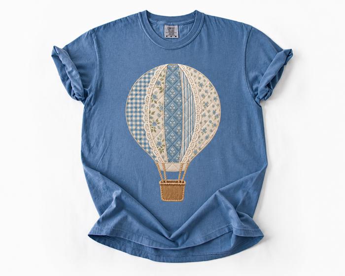 Faux Patchwork Hot Air Balloon Comfort Colors Graphic Tee, Patchwork Balloon Shirt, Vintage Inspired Applique Design, Cottagecore Top, Spring Summer Casual Tee 