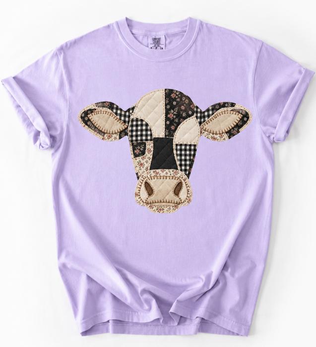 Faux Patchwork Cow Head Comfort Colors Tee, Quilted Graphic Floral Gingham Cow Shirt, Faux Applique Comfort Colors Tee, Farmhouse Graphic Top, Country Cow Lover Shirt 