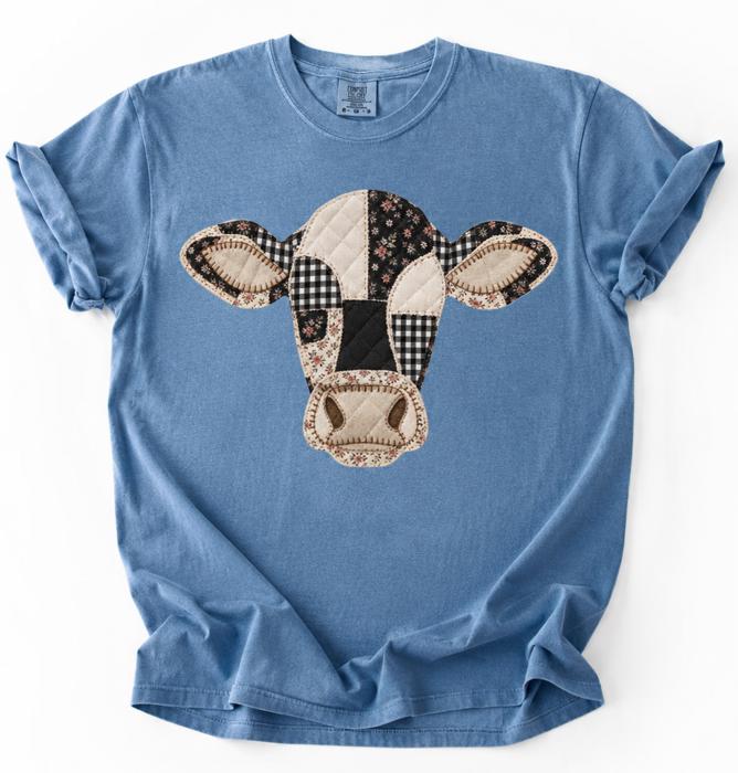 Faux Patchwork Cow Head Comfort Colors Tee, Quilted Graphic Floral Gingham Cow Shirt, Faux Applique Comfort Colors Tee, Farmhouse Graphic Top, Country Cow Lover Shirt 