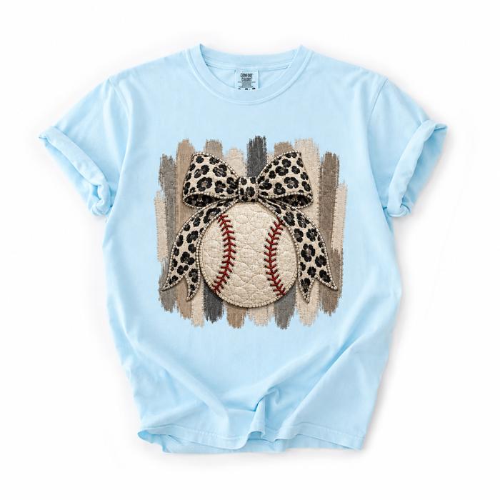 Leopard Bow Baseball Graphic Comfort Colors Tee, Faux Patchwork Sports Shirt, Cute Baseball Mom Inspired Top, Vintage Baseball Graphic Tee, Game Day Outfit