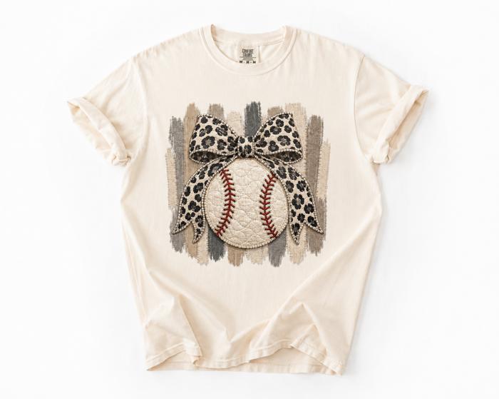 Leopard Bow Baseball Graphic Comfort Colors Tee, Faux Patchwork Sports Shirt, Cute Baseball Mom Inspired Top, Vintage Baseball Graphic Tee, Game Day Outfit
