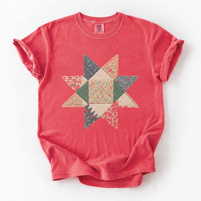 Floral Starbust Faux Quilted Comfort Colors Tee, Vintage Inspired Patchwork Style Shirt, Colorful Geometric Flower Top, Cottagecore Casual Tee, Retro Boutique Shirt, Gift For Her