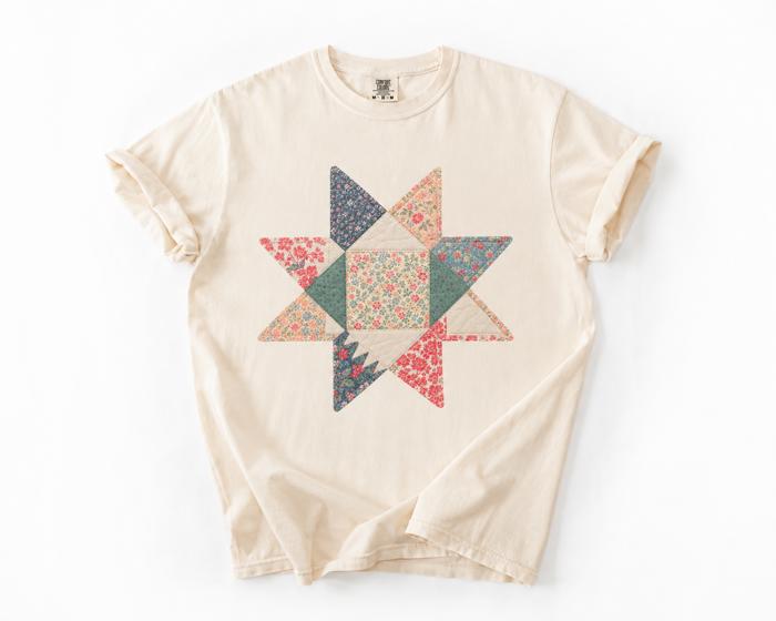 Floral Starbust Faux Quilted Comfort Colors Tee, Vintage Inspired Patchwork Style Shirt, Colorful Geometric Flower Top, Cottagecore Casual Tee, Retro Boutique Shirt, Gift For Her