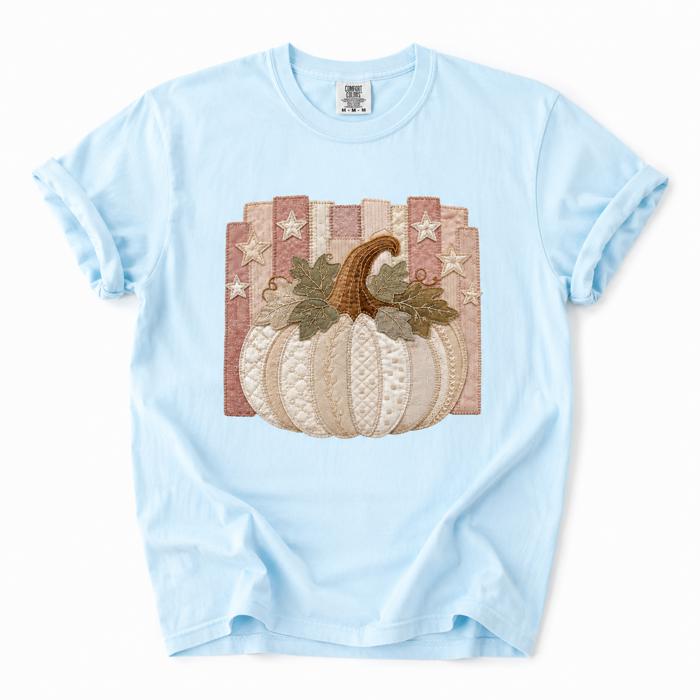 Starry Pumpkin Faux Patchwork Graphic Comfort Colors Tee, Vintage Harvest Shirt, Quilted Pumpkin Floral Top, Celestial Fall Graphic Tee, Fall Outfit