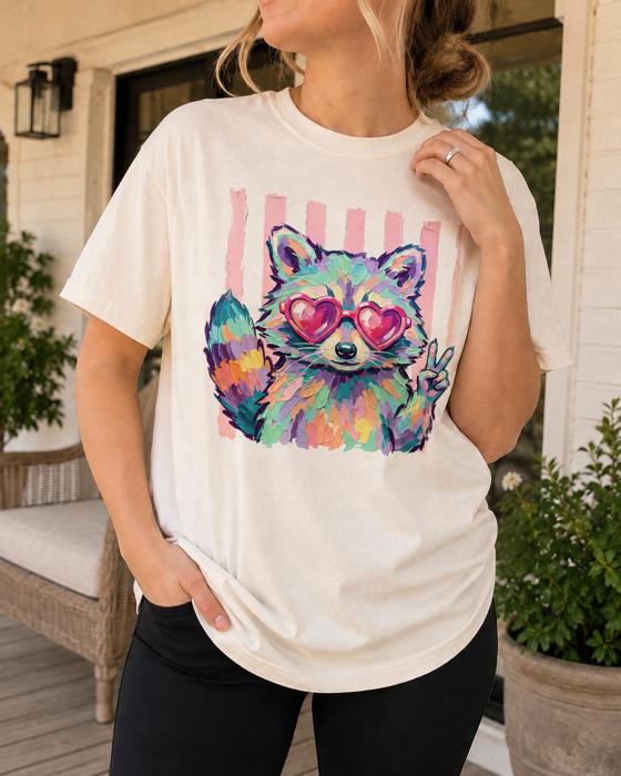 Raccoon Sunglasses Stripe Comfort Colors Tee, Peace Sign Raccoon Tee, Retro Inspired Animal Shirt, Cute Wildlife Graphic, Colorful Statement Tee, Fun Casual Top, Playful Gift Idea  