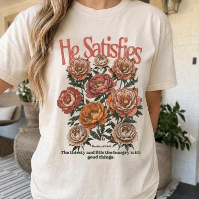 He Satisfies the Thirsty Comfort Colors Tee, Psalm 107:8 9 Floral Scripture Graphic T-shirt, Botanical Bible Verse Top, Christian Women’s Graphic Tee, Scripture Inspired Apparel, Religious Gift Idea  