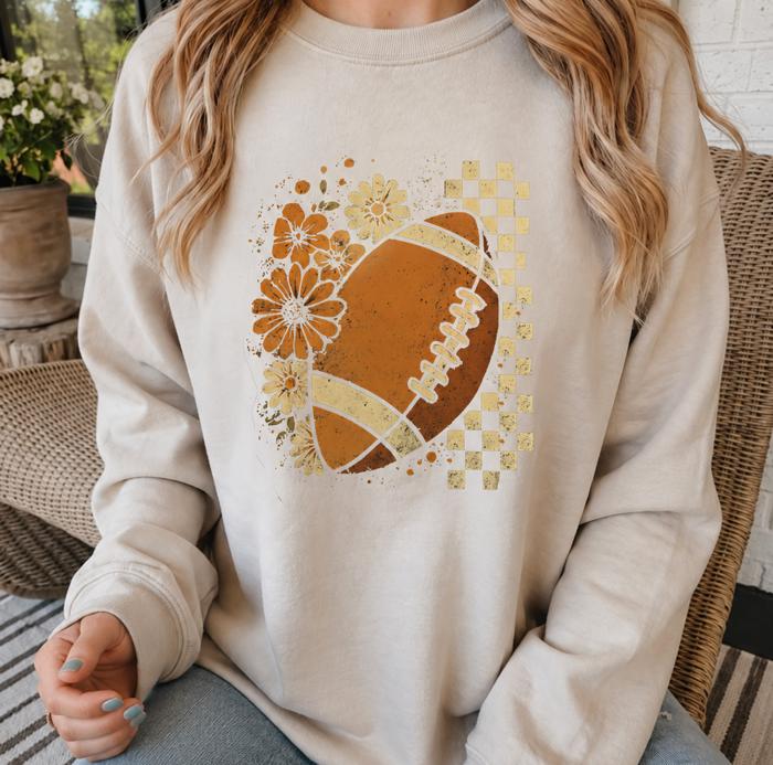 Floral Checkered Football Vintage Sweatshirt, Retro Fall Football Pullover, Checkerboard Sporty Sweatshirt, Boutique Game Day Apparel, Fall Outfit