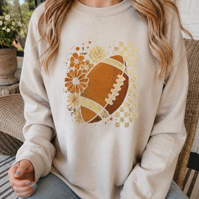 Floral Checkered Football Vintage Sweatshirt, Retro Fall Football Pullover, Checkerboard Sporty Sweatshirt, Boutique Game Day Apparel, Fall Outfit