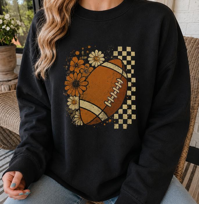 Floral Checkered Football Vintage Sweatshirt, Retro Fall Football Pullover, Checkerboard Sporty Sweatshirt, Boutique Game Day Apparel, Fall Outfit