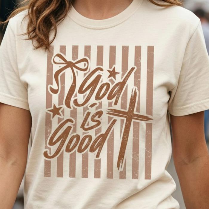 God is Good Striped Graphic Tee, Coquette Christian Shirt, Faith Based Tee, Church Outfit, Religious Gift for Women, Inspirational Tee, Christian Gift Idea