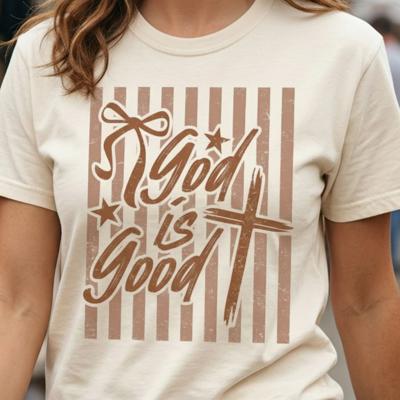 God is Good Striped Graphic Tee, Coquette Christian Shirt, Faith Based Tee, Church Outfit, Religious Gift for Women, Inspirational Tee, Christian Gift Idea