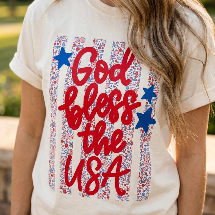 God Bless the USA Graphic Tee, 4th of July Shirt for Women, Patriotic Floral Tee, American Flag Shirt, Fourth of July Outfit, USA Comfort Colors Shirt, Patriotic Gift for Her, Memorial Day Tee