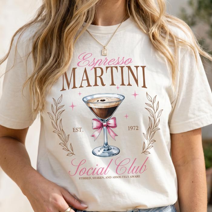 Espresso Martini Social Club Comfort Colors Tee, Trendy Coffee Shirt for Women, Fun Brunch Outfit, Cute Going Out Top, Gift for Coffee Lover, Girls Trip Shirt