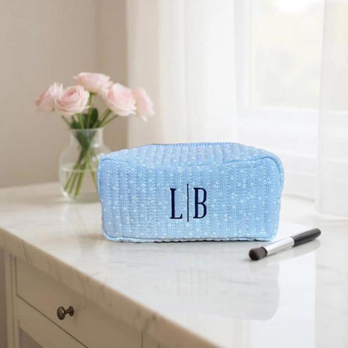 Personalized Block Pattern Floral Makeup Bag, Embroidered Cosmetic Pouch, Quilted Toiletry Bag, Custom Travel Case, Gift for Her