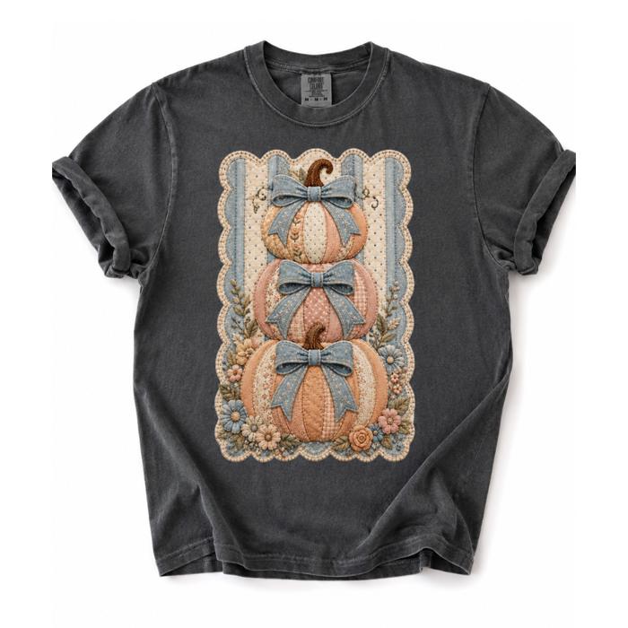 Stacked Pumpkin Bow Graphic Comfort Colors Tee, Blue Bow Fall Shirt, Vintage Pumpkin Floral Top, Faux Patchwork Autumn Graphic Tee, Cute Thanksgiving Season Top