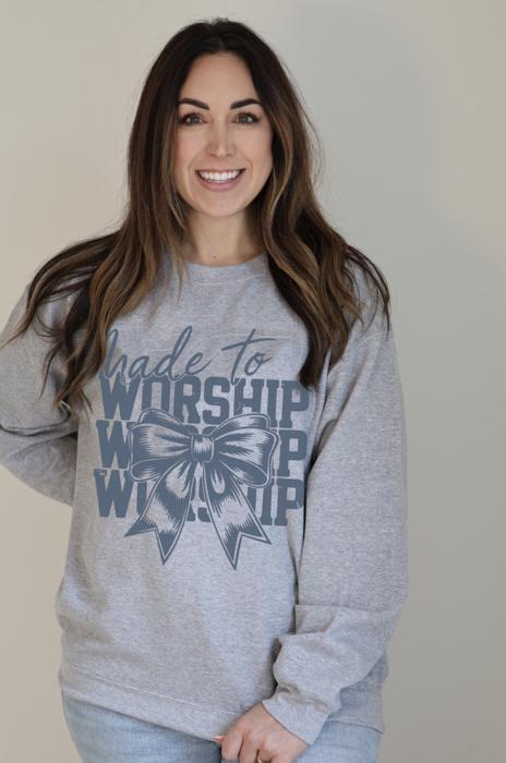 Made To Worship Bow Christian Grey Sweatshirt, Faith Based Crewneck for Women, Inspirational Religious Sweatshirt, Bow Detail Christian Pullover, Gift For Her