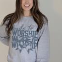  Made To Worship Bow Christian Grey Sweatshirt, Faith Based Crewneck for Women, Inspirational Religious Sweatshirt, Bow Detail Christian Pullover, Gift For Her