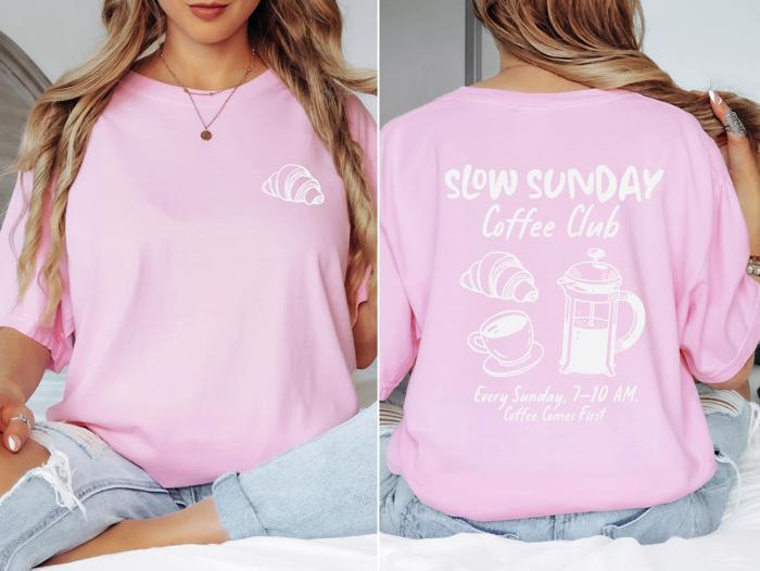Slow Sunday Coffee Club Graphic Tee – Comfort Colors T-Shirt for Women, Cozy Oversized Fit, Relaxed Vintage Style