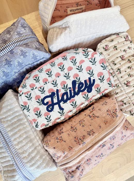 Personalized Block Pattern Floral Makeup Bag, Embroidered Cosmetic Pouch, Quilted Toiletry Bag, Custom Travel Case, Gift for Her