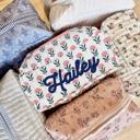  Personalized Block Pattern Floral Makeup Bag, Embroidered Cosmetic Pouch, Quilted Toiletry Bag, Custom Travel Case, Gift for Her