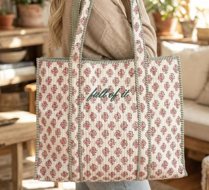 Embroidered Cotton Quilted Bag, Floral Print Tote Bag for Women, Coastal Garden Travel Bag, Handmade Shoulder Purse, Large Floral Weekender