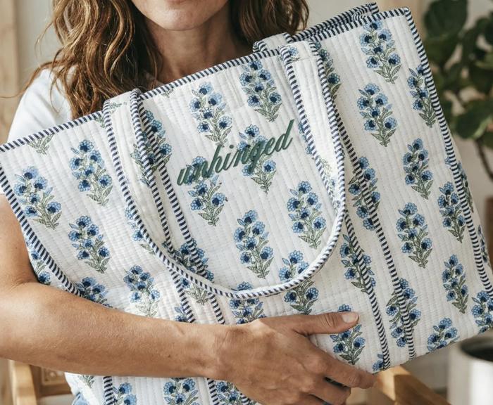 Embroidered Cotton Quilted Bag, Floral Print Tote Bag for Women, Coastal Garden Travel Bag, Handmade Shoulder Purse, Large Floral Weekender