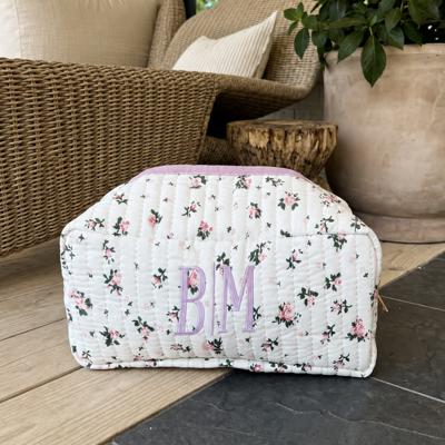 Personalized Block Pattern Floral Makeup Bag, Embroidered Cosmetic Pouch, Quilted Toiletry Bag, Custom Travel Case, Gift for Her