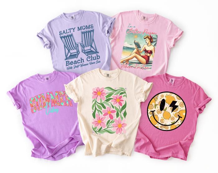 Summer Graphic Tees for Women Comfort Colors | Retro Beach Shirt, Floral Tee, Smiley Face, Summer Vibes, Salty Moms Club