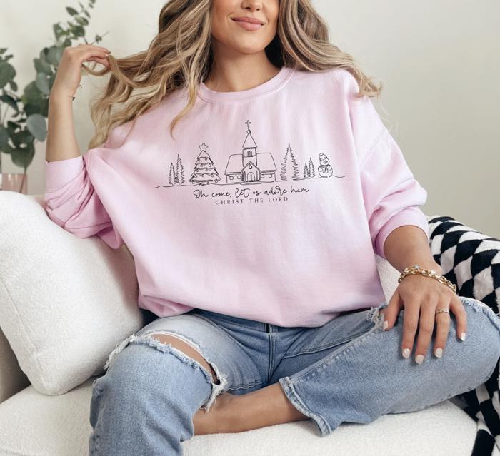 Oh Come Let Us Adore Him Minimalist Sweatshirt, Christian Christmas Sweatshirt for Women, Christ the Lord Holiday Crewneck, Faith-Based Cozy Winter Sweater