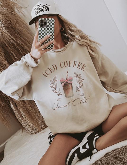 Iced Coffee Social Club Sweatshirt, Coffee Lover Gift, Gildan Oversized Sweatshirt for Women, Aesthetic Crewneck