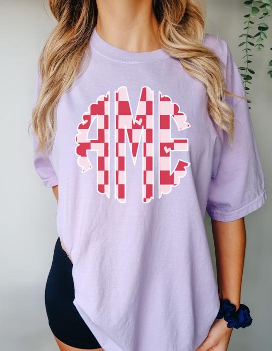 Custom Monogram Comfort Colors T-Shirt, Personalized Initial Tee, Heart or Bow Pattern, Gift for Her, Spring Pastel Colors